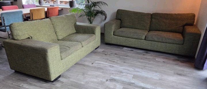 Groen gemêleerde stoffen 2,5- en 2-zitsbank, Huis en Inrichting, Ophalen, Gebruikt, Driepersoons, 75 tot 100 cm