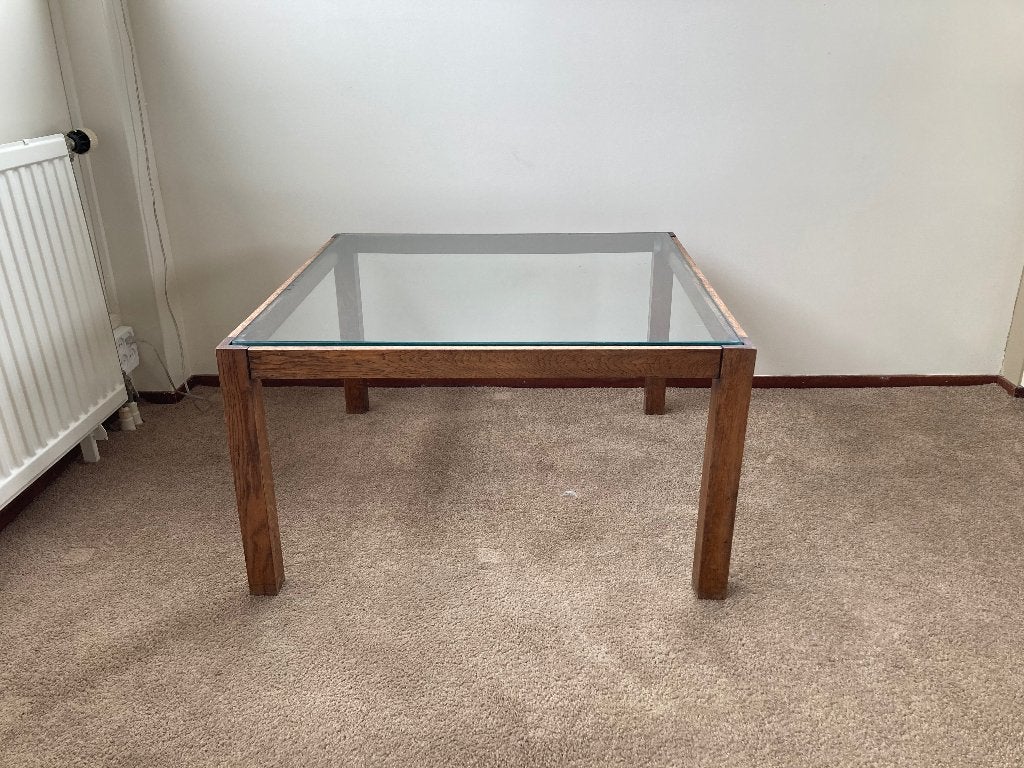 Koffietafel strak model eiken met glas, Ophalen, Gebruikt, 50 tot 100 cm, Vierkant