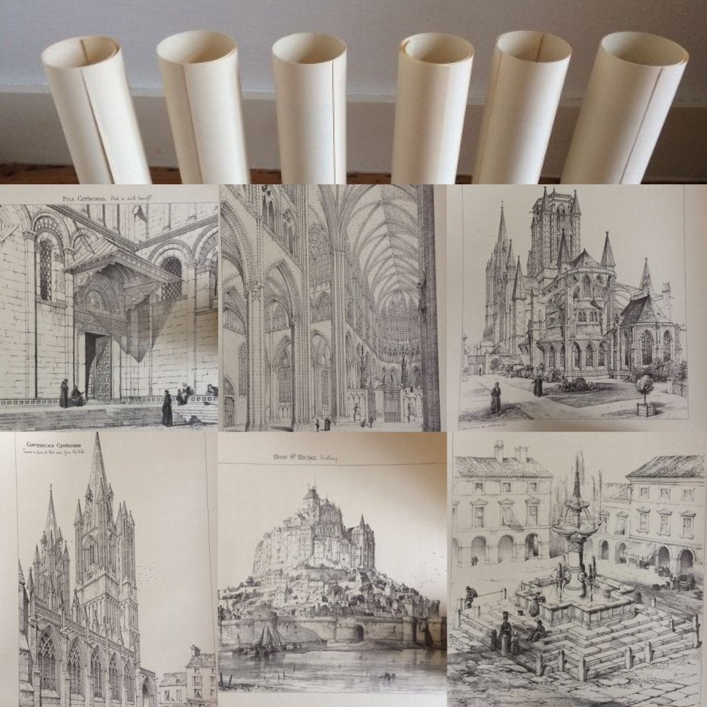 6x lithografieën kerk kathedraal W.E. Nesfield A. Newman, Gelimiteerde oplage, Ophalen of Verzenden, Overige onderwerpen, Lithografie