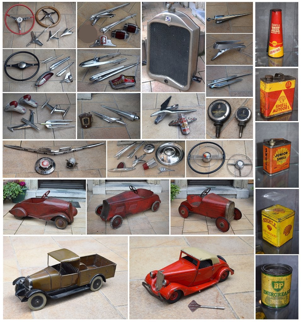 Lot rommelmarkt antiek vintage speelgoed olie blik garage, Ophalen, Gebruikt, Reclamebord