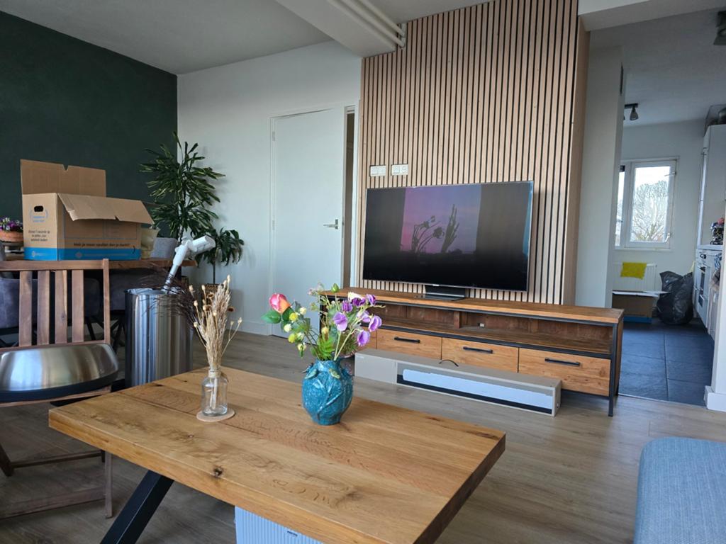 Massief houten tv meubel met 4 lades industrieel 200cm breed, Ophalen, 150 tot 200 cm, Zo goed als nieuw, Minder dan 100 cm