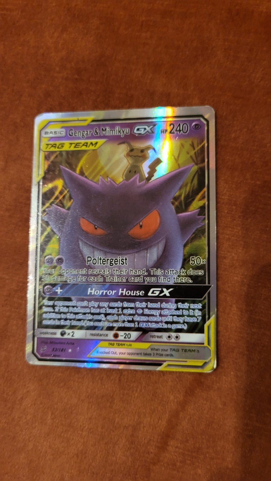 Gengar & Mimikyu GX TAG TEAM Pokémon kaart (Foil), Ophalen of Verzenden, Gebruikt, Losse kaart, Foil