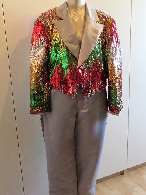 Te koop aangeboden: slipjas met pantalon en glitterhoed., Carnaval, Maat 48/50 (M), Nieuw, Ophalen of Verzenden