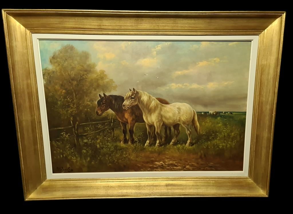 Schilderij: Groot paardenschilderij.Gesigneerd Schouten, Ophalen of Verzenden