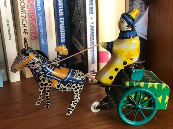 Vintage blikken opwindbare paardenkar met clown, Ophalen