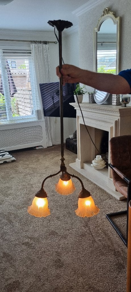Messing kroonluchter uit het Edwardiaanse of Art Deco, Antiek en Kunst, Antiek | Lampen, Ophalen of Verzenden