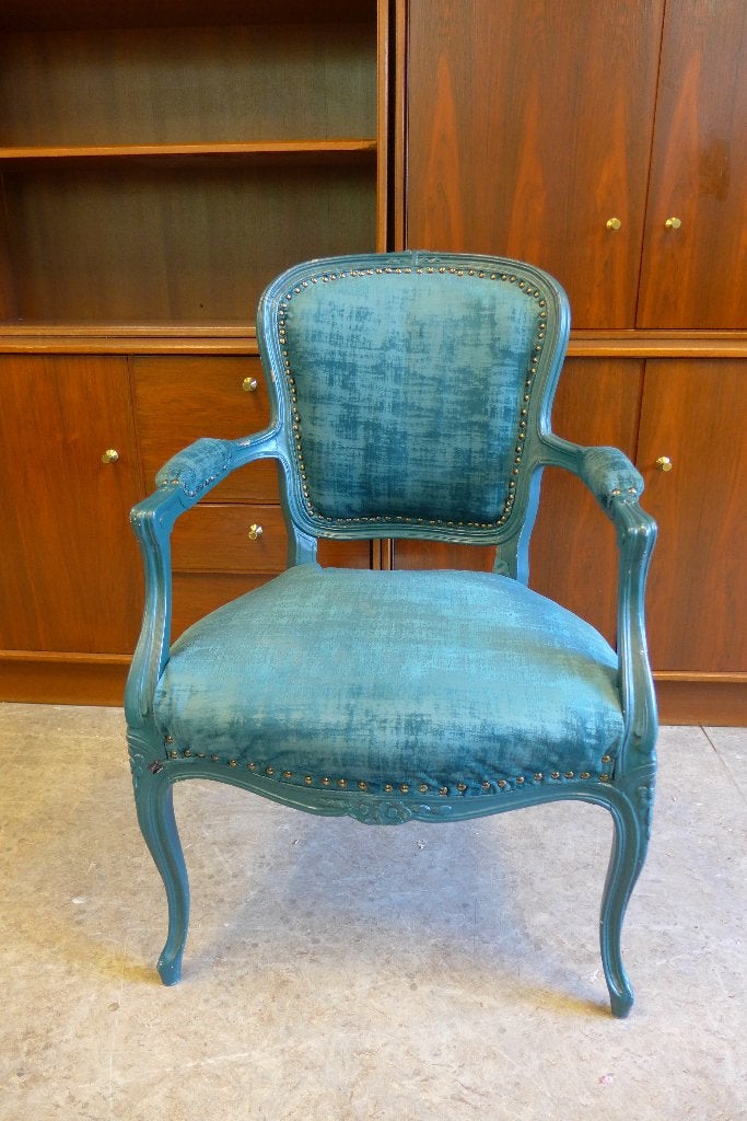 Mooie vintage brocante petrol stoel fauteuil, Gebruikt, Onbekend, 75 tot 100 cm, Ophalen of Verzenden