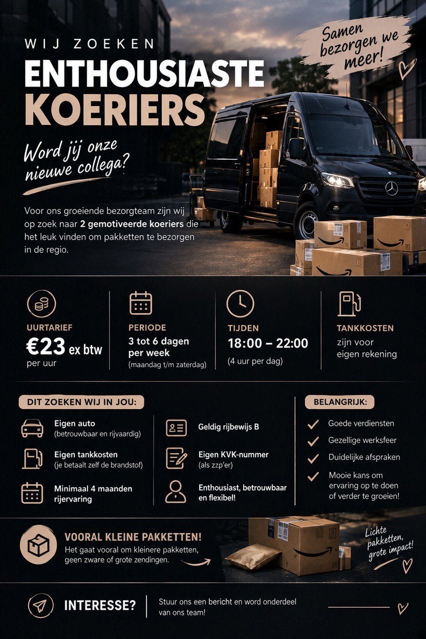 Pakketbezorger gezocht 23 ex btw PER UUR BETAALD, Tickets en Kaartjes, Eén persoon