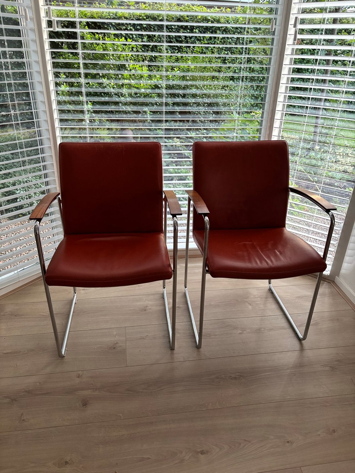 Leolux, Talos: 6 leren eetkamerstoelen met armleuningen, Huis en Inrichting, Ophalen, Gebruikt, Overige kleuren, Leer