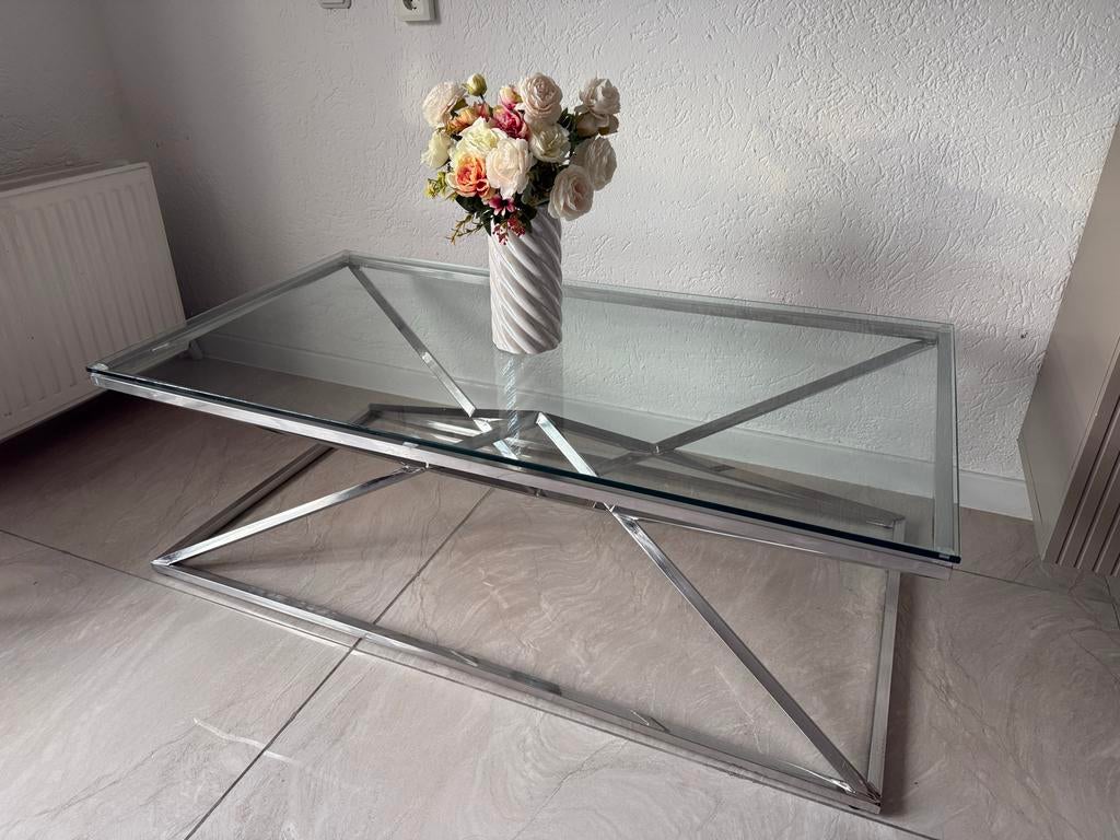 Salontafel Eric Kuster Stijl , Zilver Met Glas, Huis en Inrichting, Tafels | Salontafels, Ophalen, Gebruikt, 100 tot 150 cm, Glas