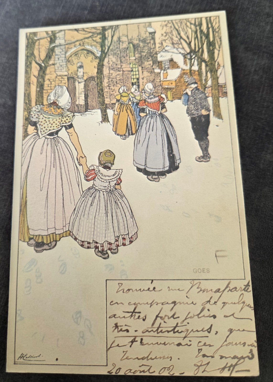 Oude ansichtkaart: Wintertafereel met figuren, Verzenden, Voor 1920, Gelopen, Overige thema's