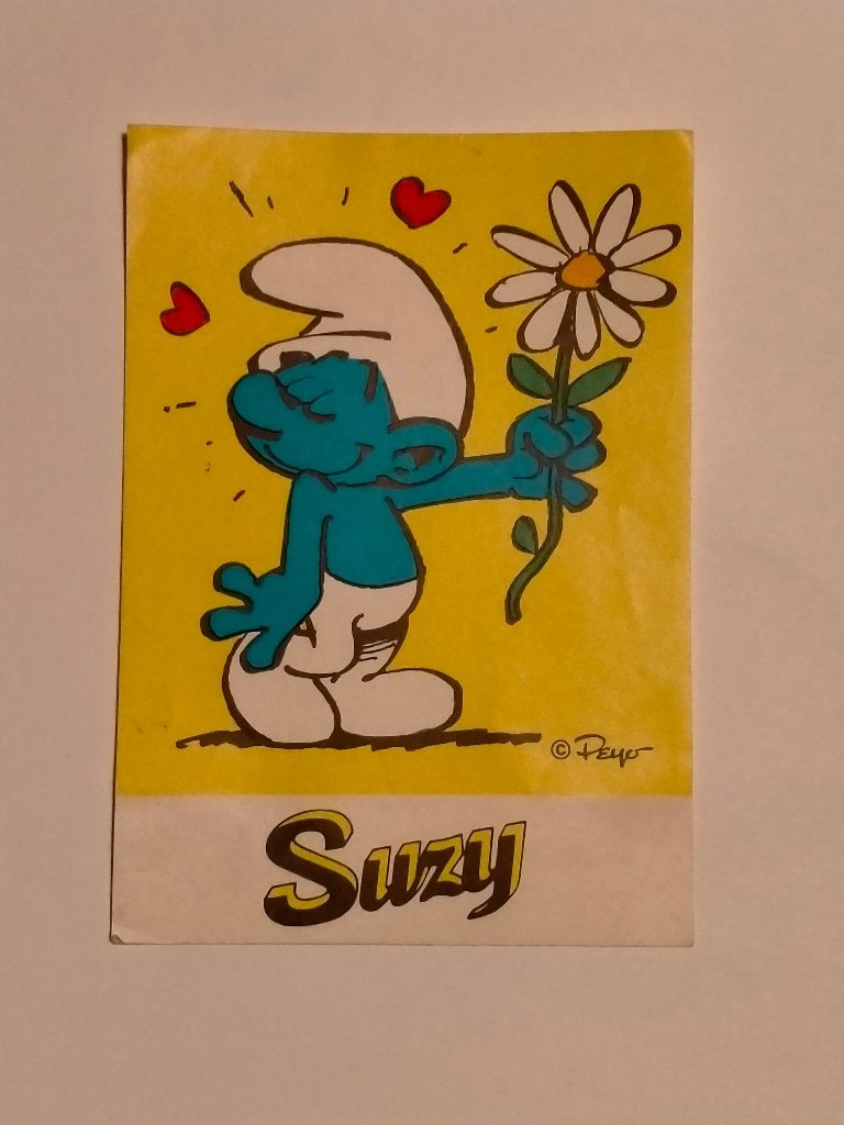 Smurfen smurf met bloemen Peyo Suzy reclame sticker strip, Verzenden, Gebruikt, Overige typen