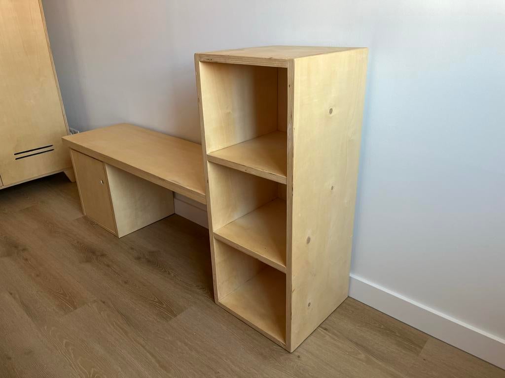 Houten bureau met opbergruimte en boekenkast, Ophalen, Gebruikt, 150 tot 200 cm, Minder dan 100 cm