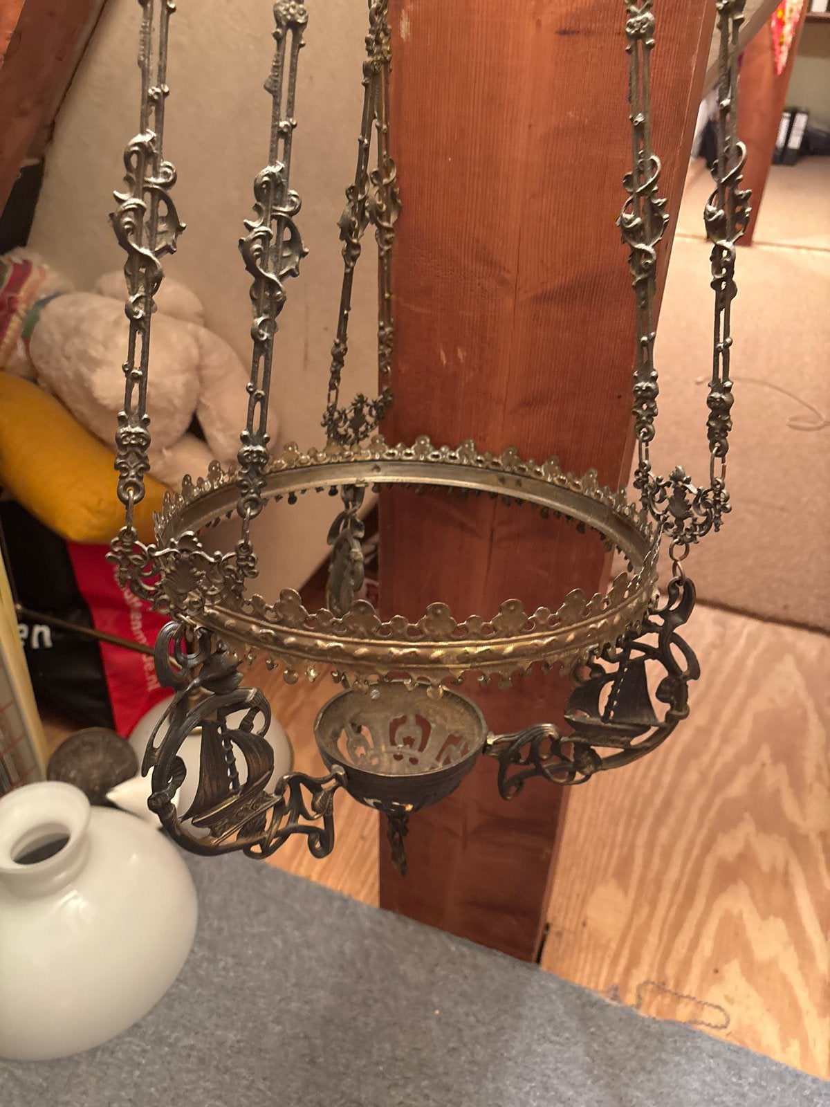 Antieke olielamp compleet met kap en glas, in goede staat, Antiek en Kunst, Ophalen