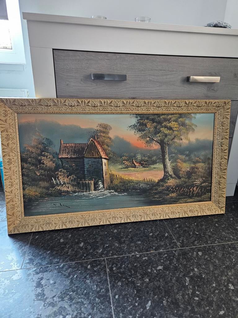 Schilderij watermolen met gouden lijst, Antiek en Kunst, Kunst | Schilderijen | Klassiek, Ophalen of Verzenden