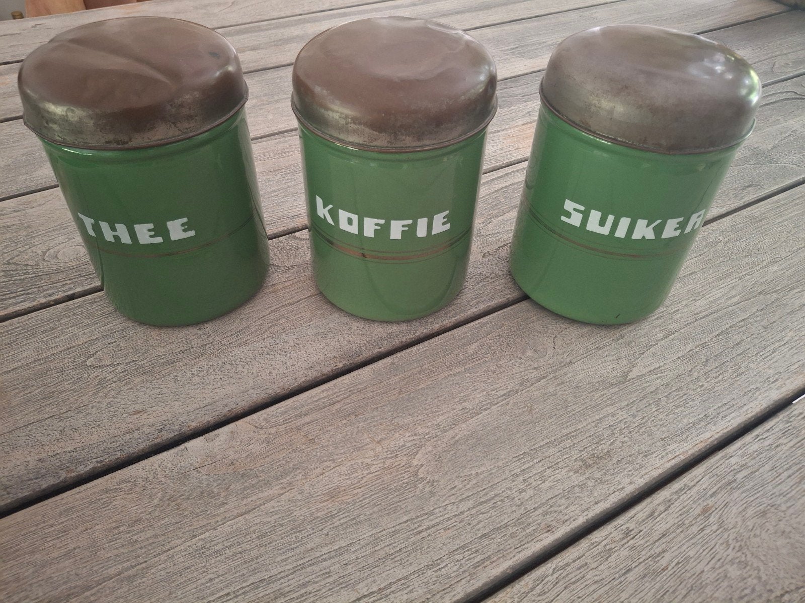 Vintage voorraadblikken: Thee, Koffie, Suiker (groen), Ophalen