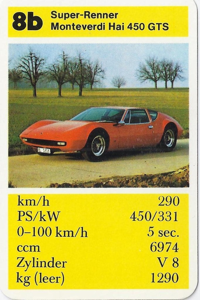 Kw1514 autokaartje 8b monteverdi hai 450 gts, Ophalen of Verzenden, Zo goed als nieuw, Auto's