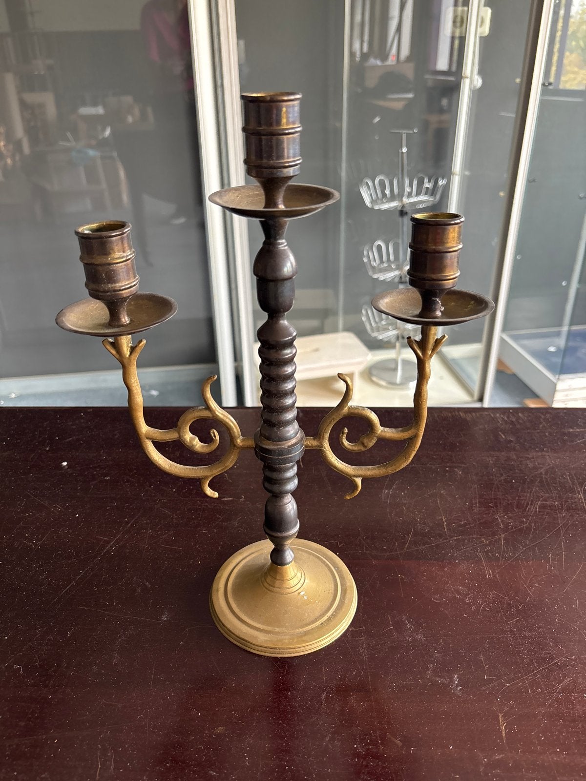 Antieke bronzen kandelaar met drie armen, Ophalen, Koper of Brons