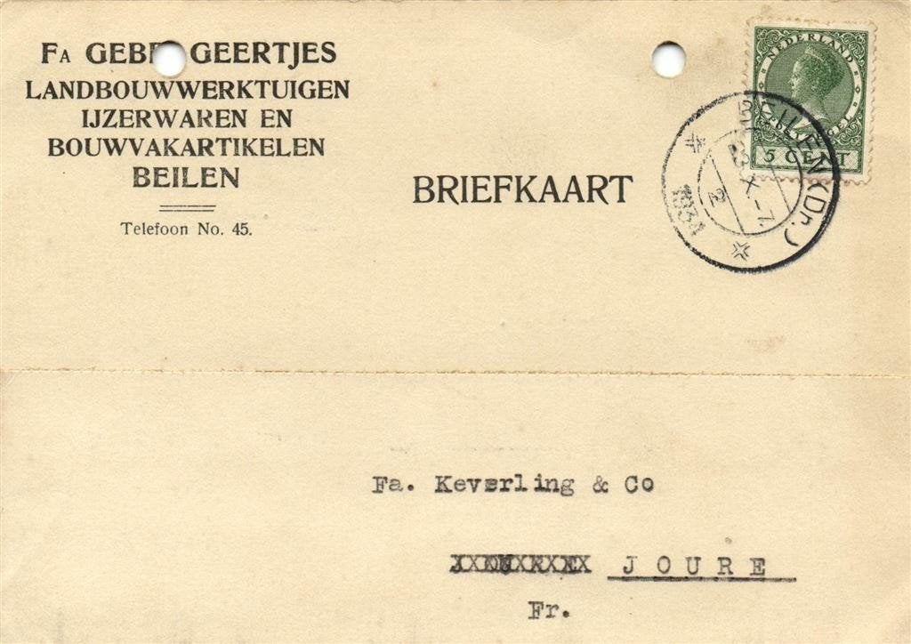 Fa Gebr Geertjes, Beilen - 10.1934 - briefkaart, Postzegels en Munten, Ophalen of Verzenden, Briefkaart