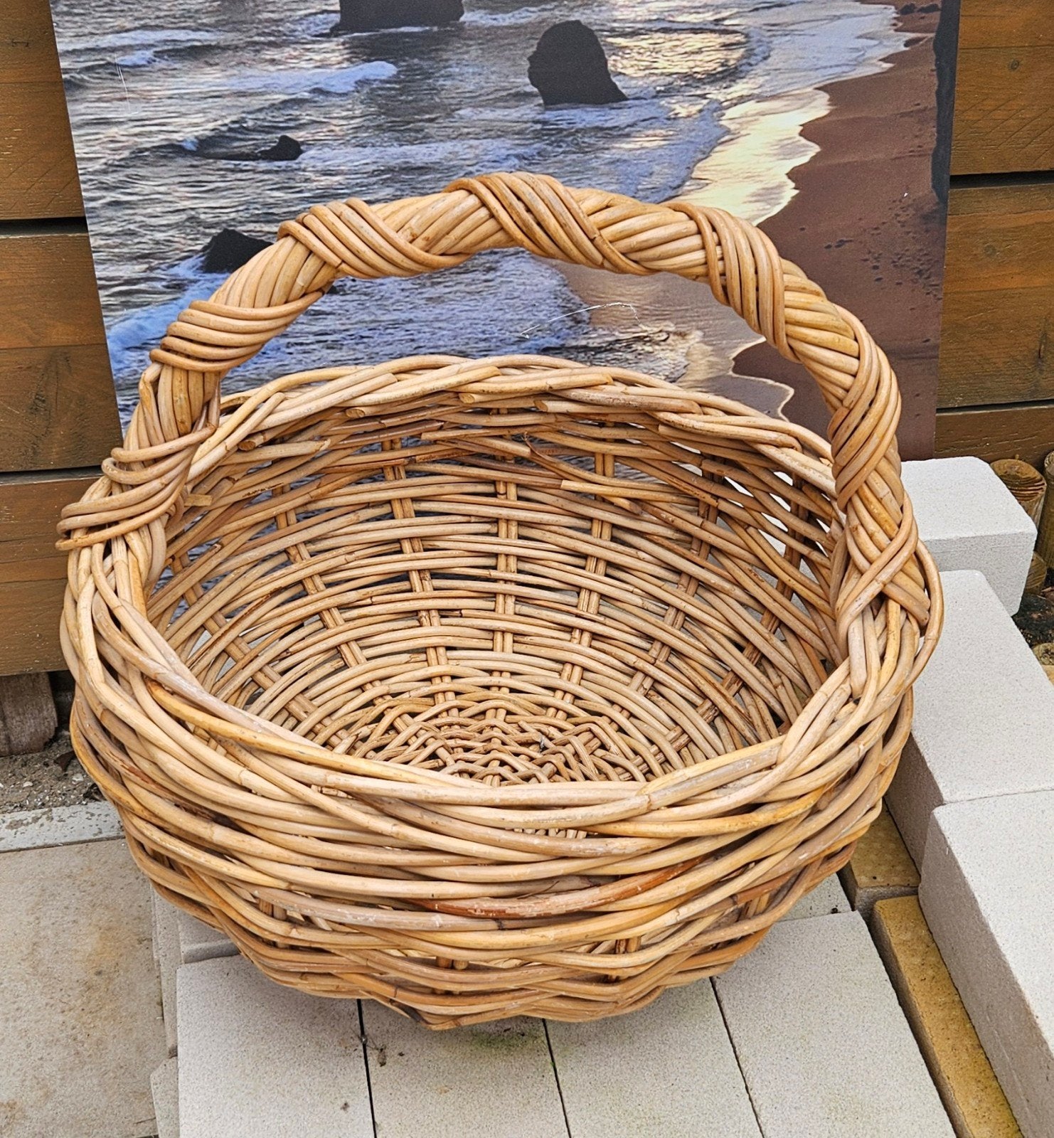 Vintage rotan hele grote hengselmand plukmand, Ophalen of Verzenden, Zo goed als nieuw, Rond, Riet