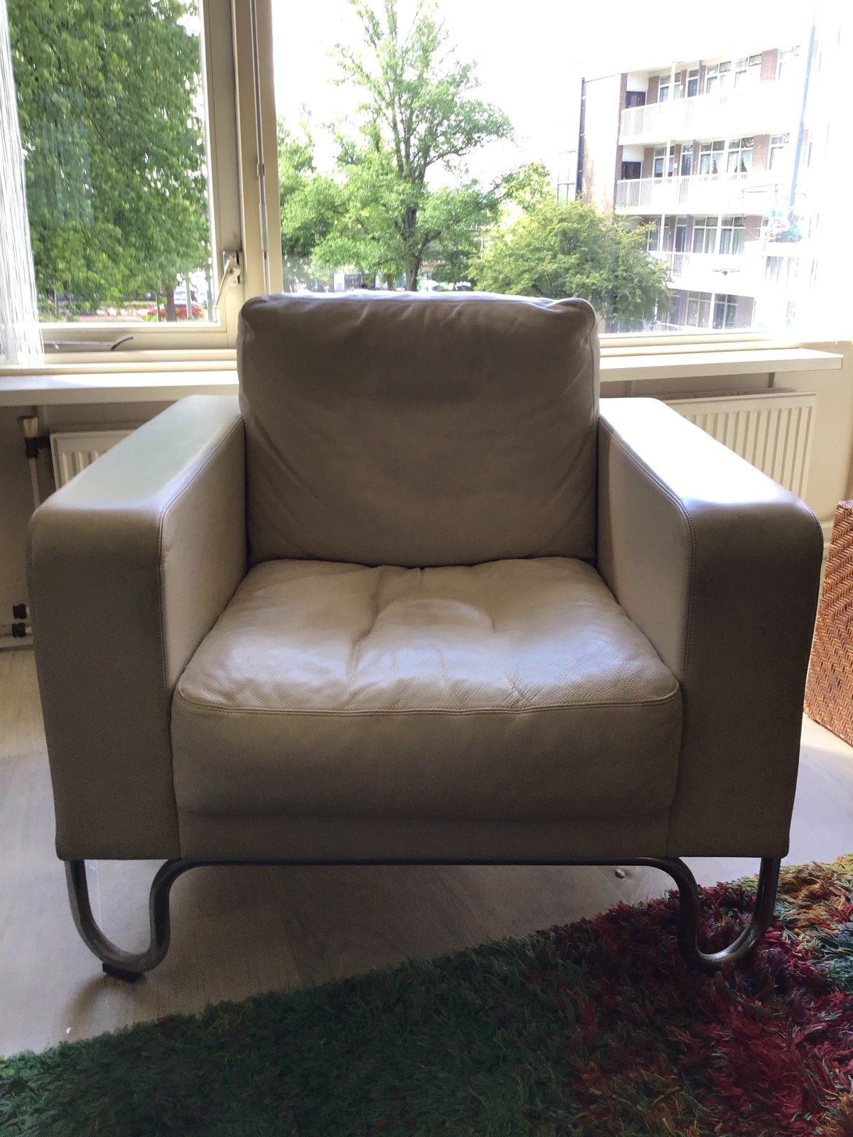 Leren bank en fauteuil - Beige, Huis en Inrichting, Banken | Bankstellen, Ophalen, Gebruikt, 150 tot 200 cm, Tweepersoons
