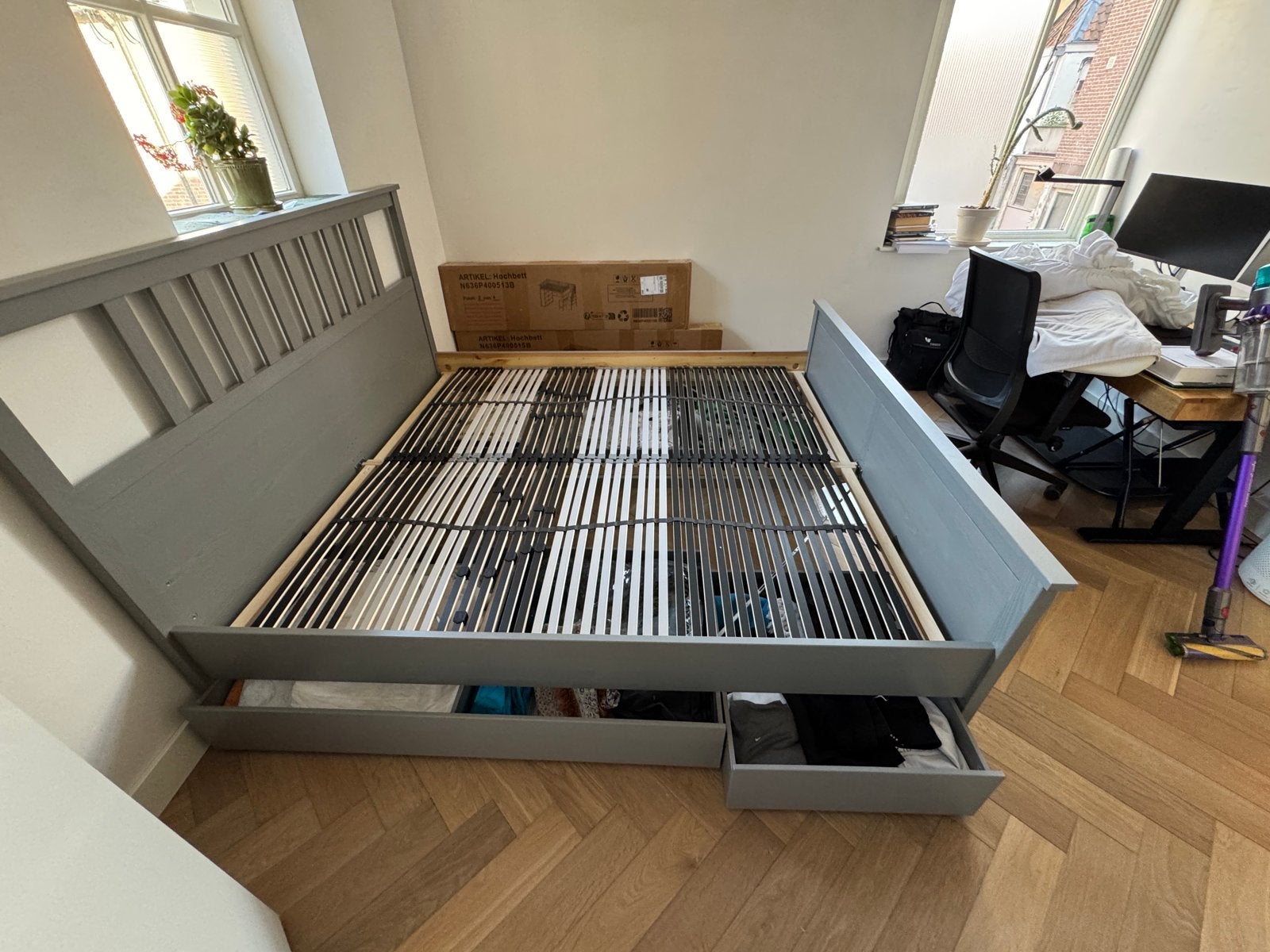Tweepersoonsbed met opberglades - Grijs, Ophalen, Gebruikt, Tweepersoons, 180 cm