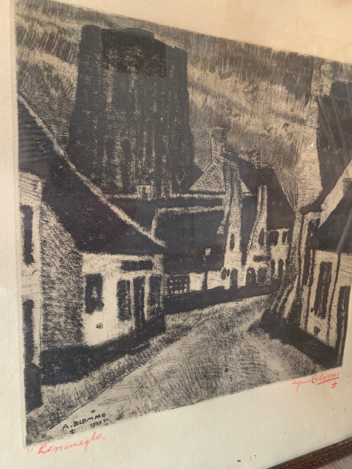 Alfons Blomme Lissewege Brugge ets 1933 gesigneerd, Ophalen of Verzenden