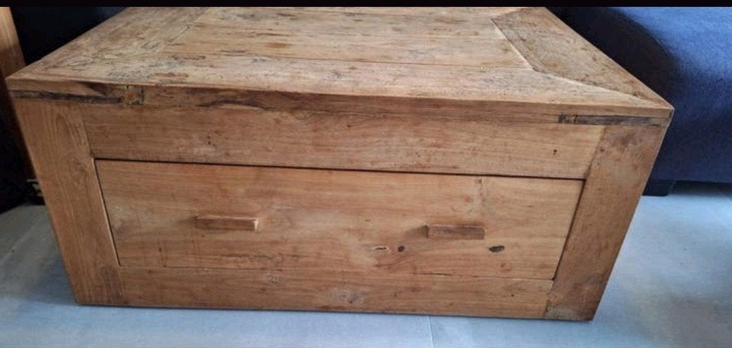 Unieke eigen ontworpen teaktafel van oud teak, Huis en Inrichting, Tafels | Salontafels, 50 tot 100 cm, 50 tot 100 cm, Rechthoekig