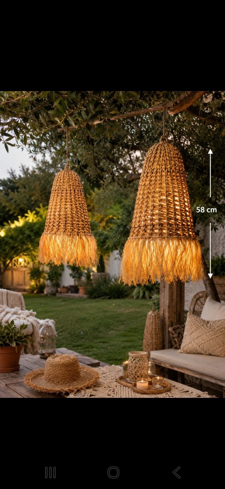 Rieten hanglamp boho ibiza stijl - 58 cm hoog, Overige materialen, 50 tot 75 cm, Nieuw, Ophalen of Verzenden