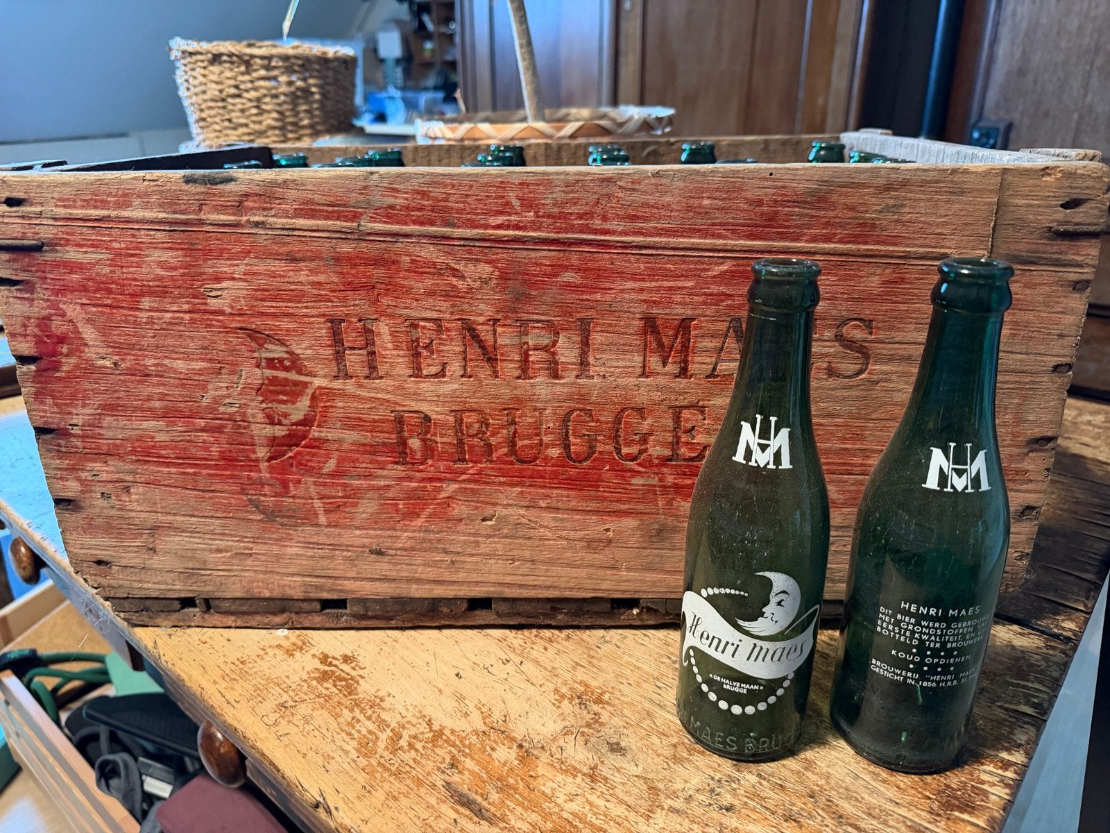 Vintage Henri Maes Brugge bierkrat met flessen, Antiek en Kunst, Ophalen of Verzenden