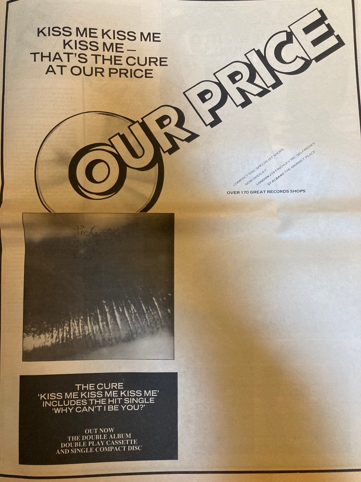 THE CURE Kiss Me Kiss Me Kiss Me release A3 advertentie, Ophalen of Verzenden, Zo goed als nieuw, A4 of kleiner