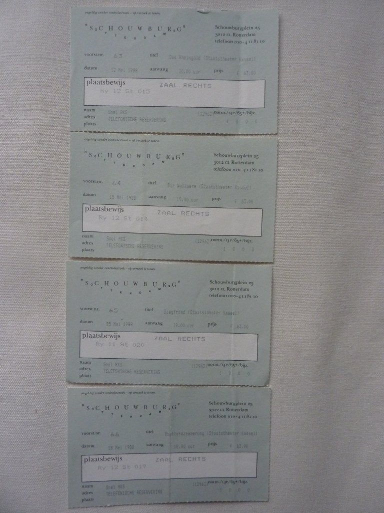 1988 Ring des Nibelungen opera Wagner 4 tickets Kassei Rdam, Verzenden, Gebruikt, Foto of Kaart