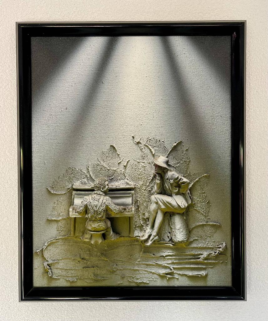 Schilderij met 3D relief figuren pianist met zittende dame, Ophalen of Verzenden