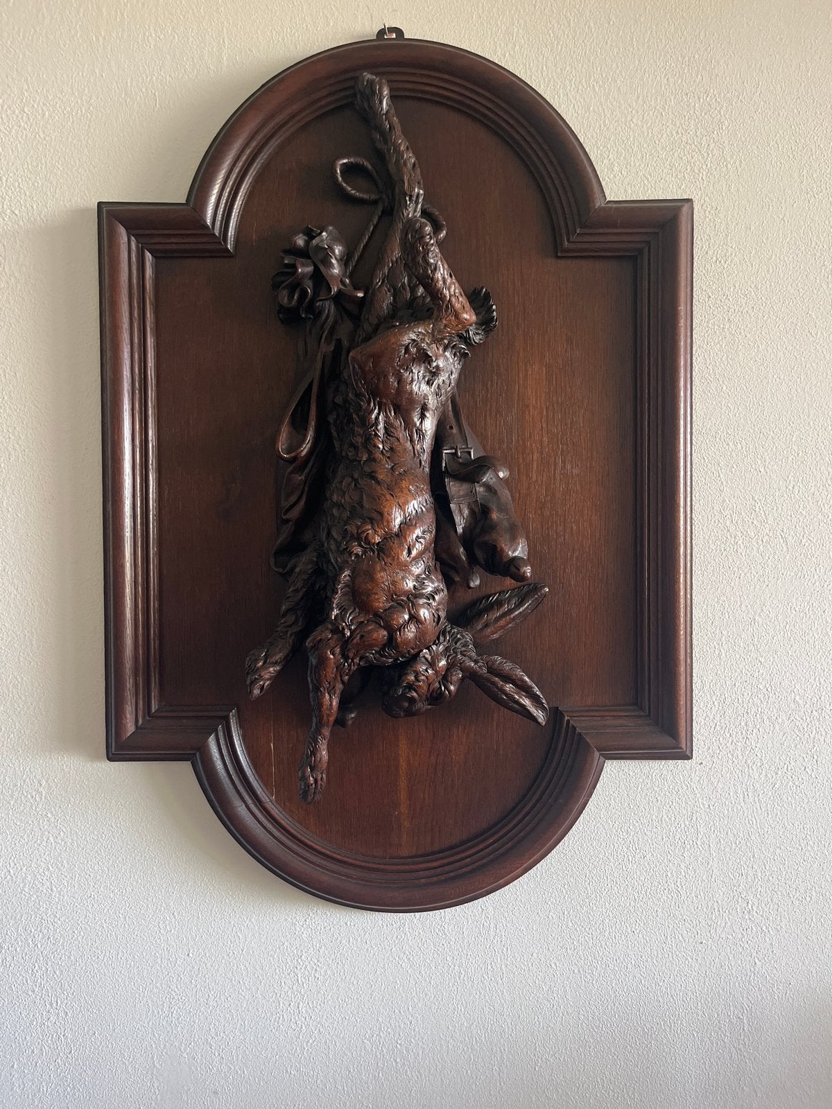 Antiek Houtsnijwerk: Jachtbuit (Haas en Vogel), Ophalen, 50 - 100 cm, Handgemaakt, Wanddecoratie