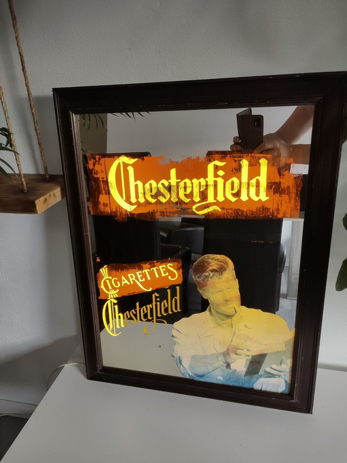 Vintage Chesterfield spiegel - reclame spiegel, Ophalen, Rechthoekig, 50 tot 100 cm, 100 tot 150 cm