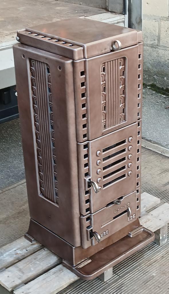 Prachtige geëmailleerde gietijzeren Art Deco kachel, Huis en Inrichting, Kachels, Gebruikt, Houtkachel, Ophalen of Verzenden, Vrijstaand