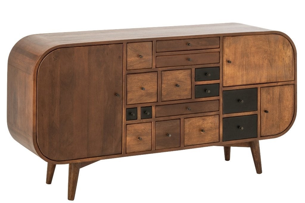 J-Line Dressoir Mangohout Naturel/Zwart met Lades, 150 tot 200 cm, Nieuw, Ophalen of Verzenden, Minder dan 100 cm