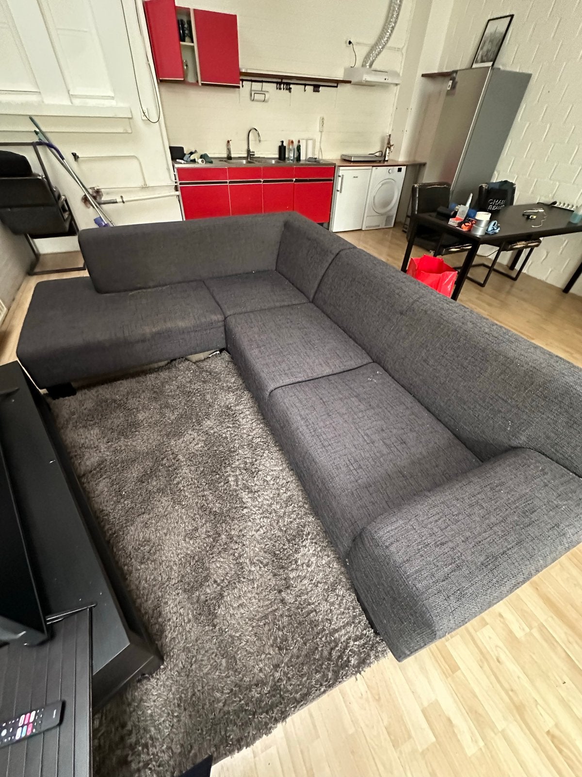 GRATIS! Grote Hoekbank met Extra Voetstuk - Grijs Stof, Ophalen, 250 tot 300 cm, Gebruikt, 100 tot 125 cm