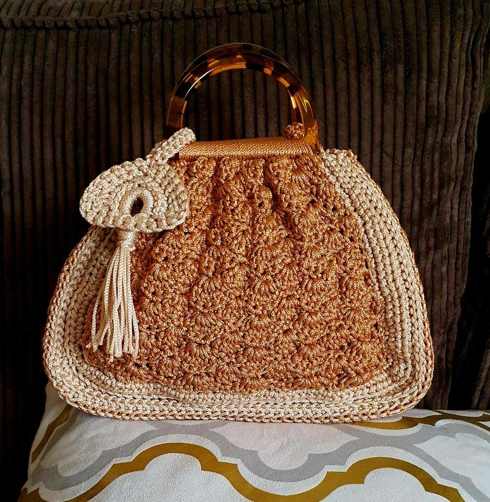 Gehaakte handtas met schildpad handvatten, Ophalen of Verzenden, Nieuw, Bruin, Handtas