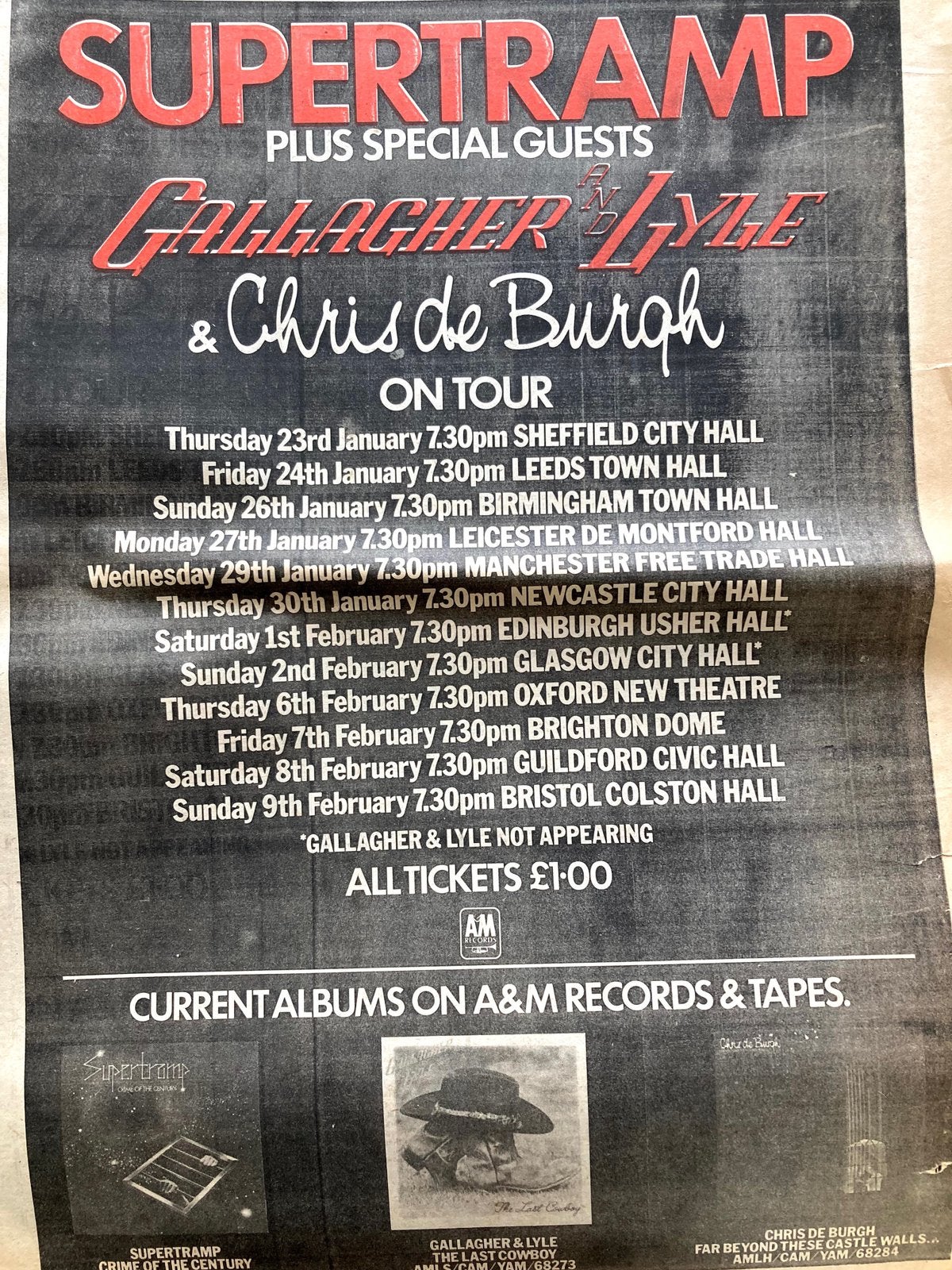 Paginagrote A3 advertentie SUPERTRAMP GALLAGHER & LYLE tour, Ophalen of Verzenden, Zo goed als nieuw