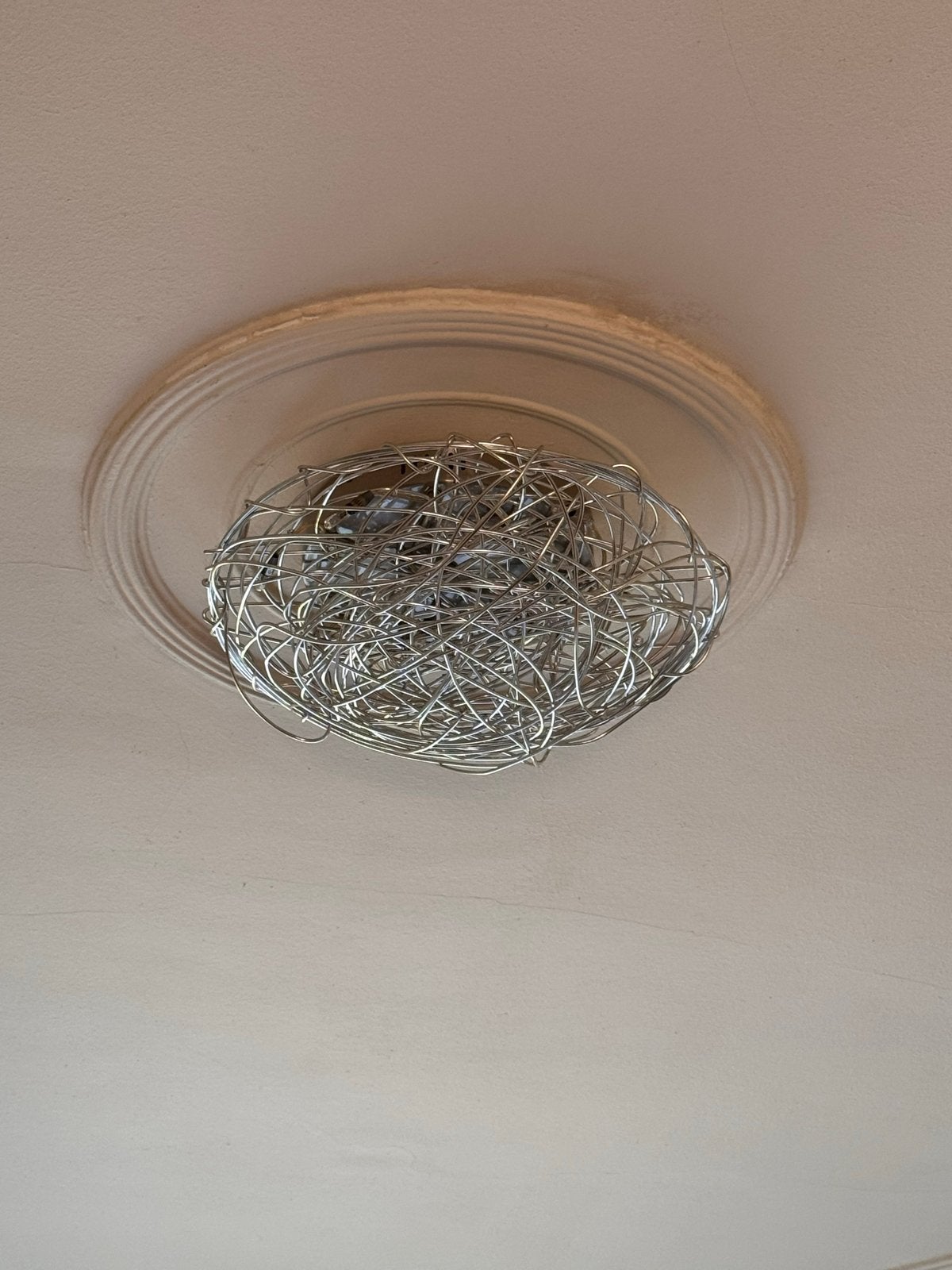 Vintage plafondlamp chroom draad vogelnest jaren 70/80, Zilver, Modern, Ophalen of Verzenden, Zo goed als nieuw