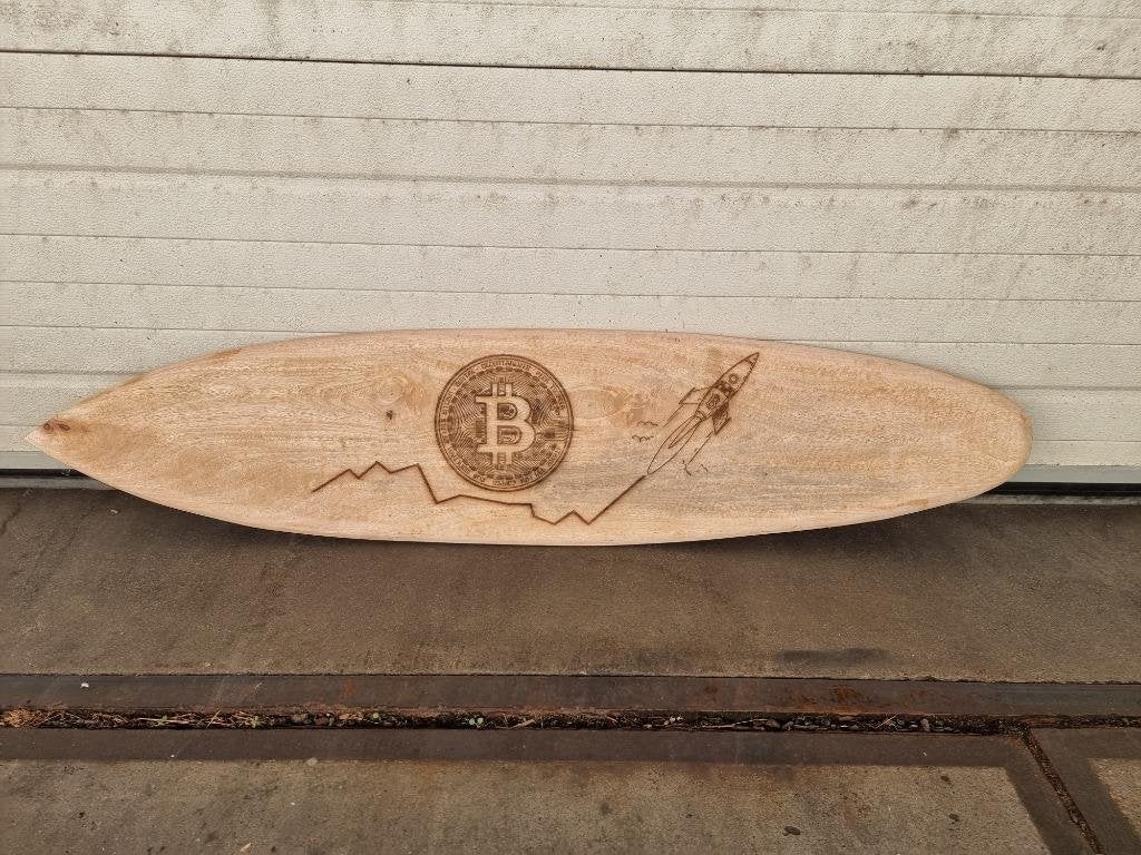 Bitcoin Crypto - deco surfplank 150 cm - hout, Huis en Inrichting, Woonaccessoires | Wanddecoraties, Westerndeco, Nieuw, Ophalen of Verzenden