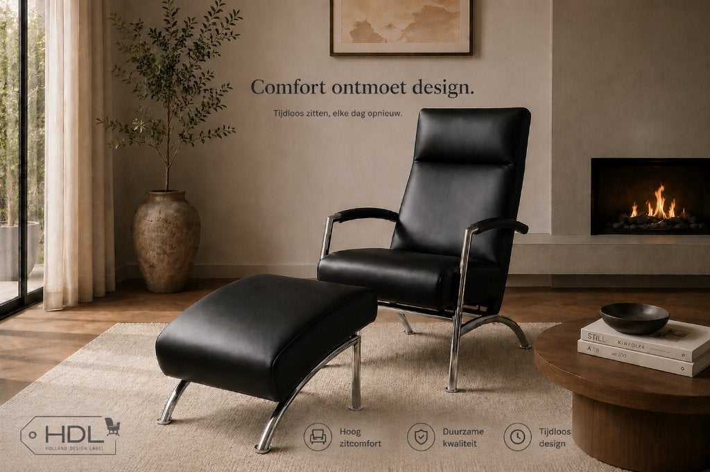 Helical fauteuil + hocker Leolux Refurbished nieuw leer Nero, 125 tot 150 cm, Nieuw, Ophalen of Verzenden, Leer