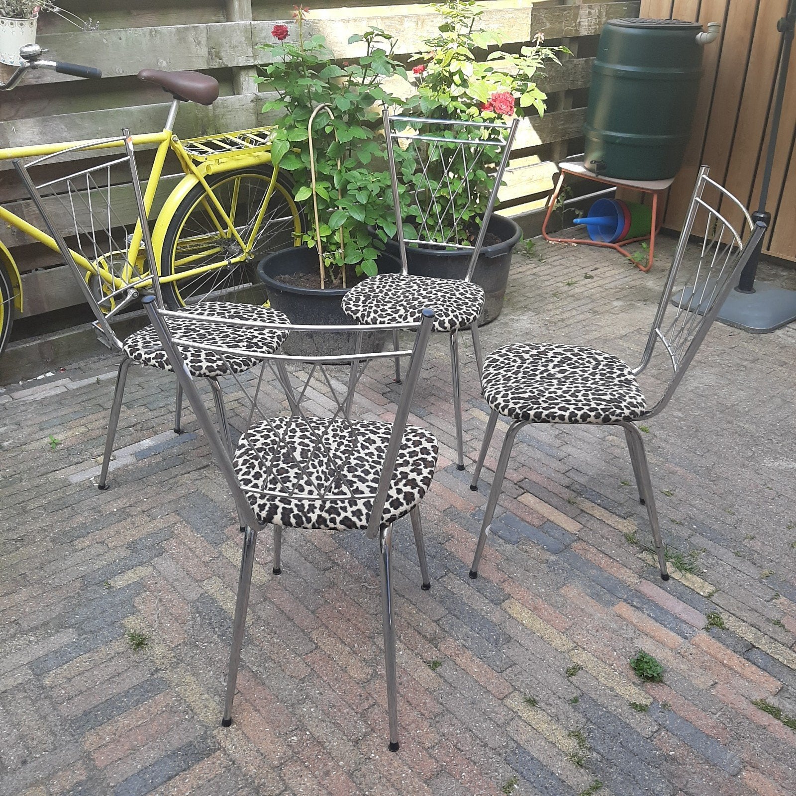 vintage buisframe vier eetkamerstoeltjes met tijgerprint, Ophalen, Gebruikt, Stof, Vier
