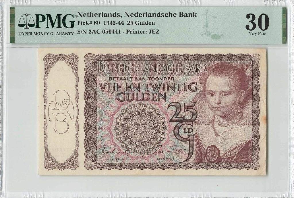 Biljet 25 gulden Prinsesje II / rood, 1943 | PMG 30, Postzegels en Munten, Bankbiljetten | Nederland, Ophalen of Verzenden, 25 gulden