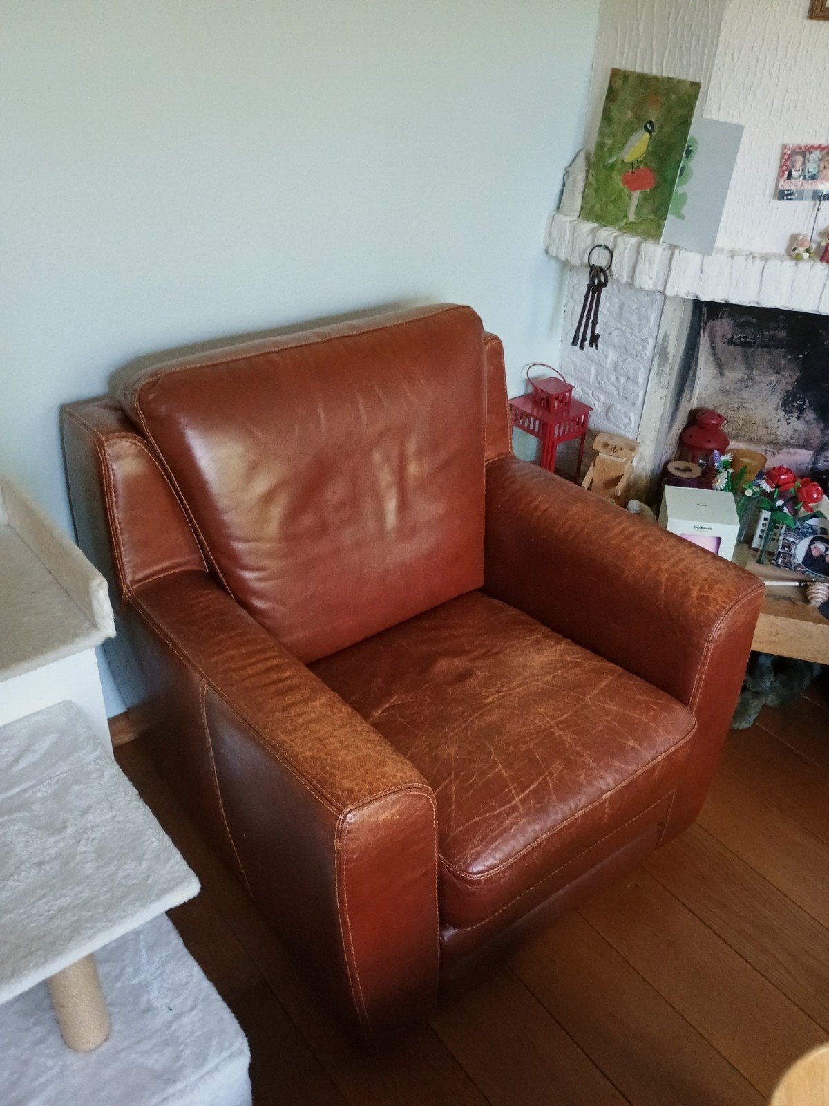 Italiaans leren fauteuil en bank - Rood/bruin In goede staat, Ophalen of Verzenden, Gebruikt, Leer