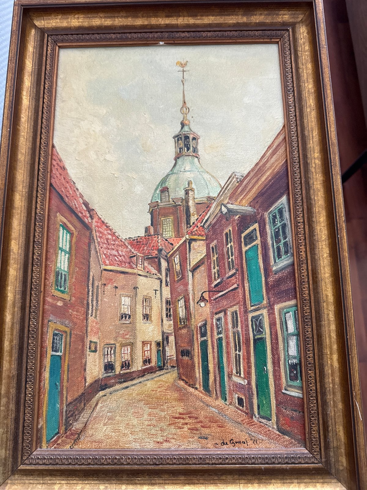 Schilderij 'Palingstraatje Dordrecht' door P. de Graaf (1971, Ophalen, Gedateerd, Doek, Realistisch
