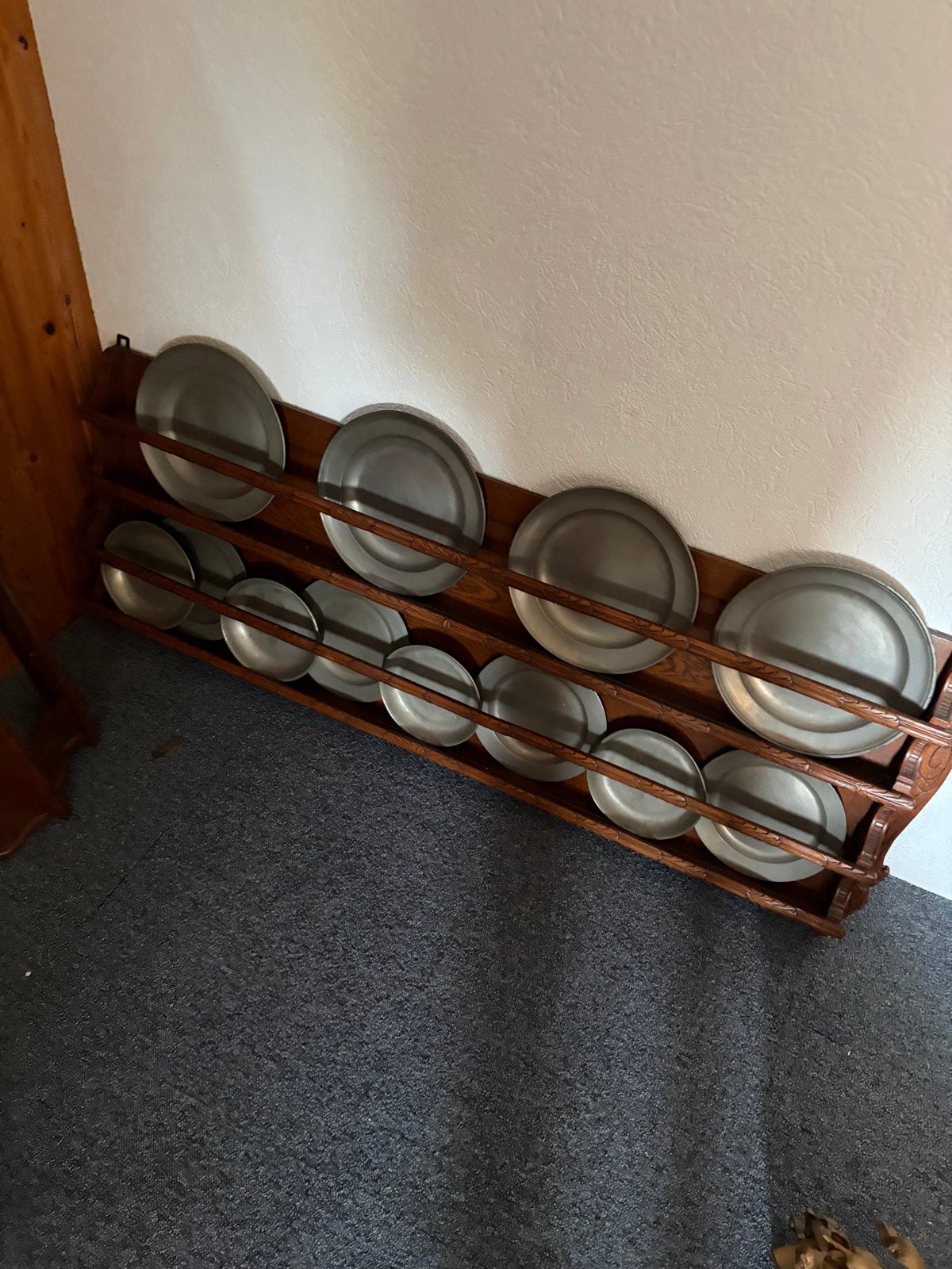 Antiek houten bordenrek met tinnen borden, Antiek en Kunst, Ophalen of Verzenden