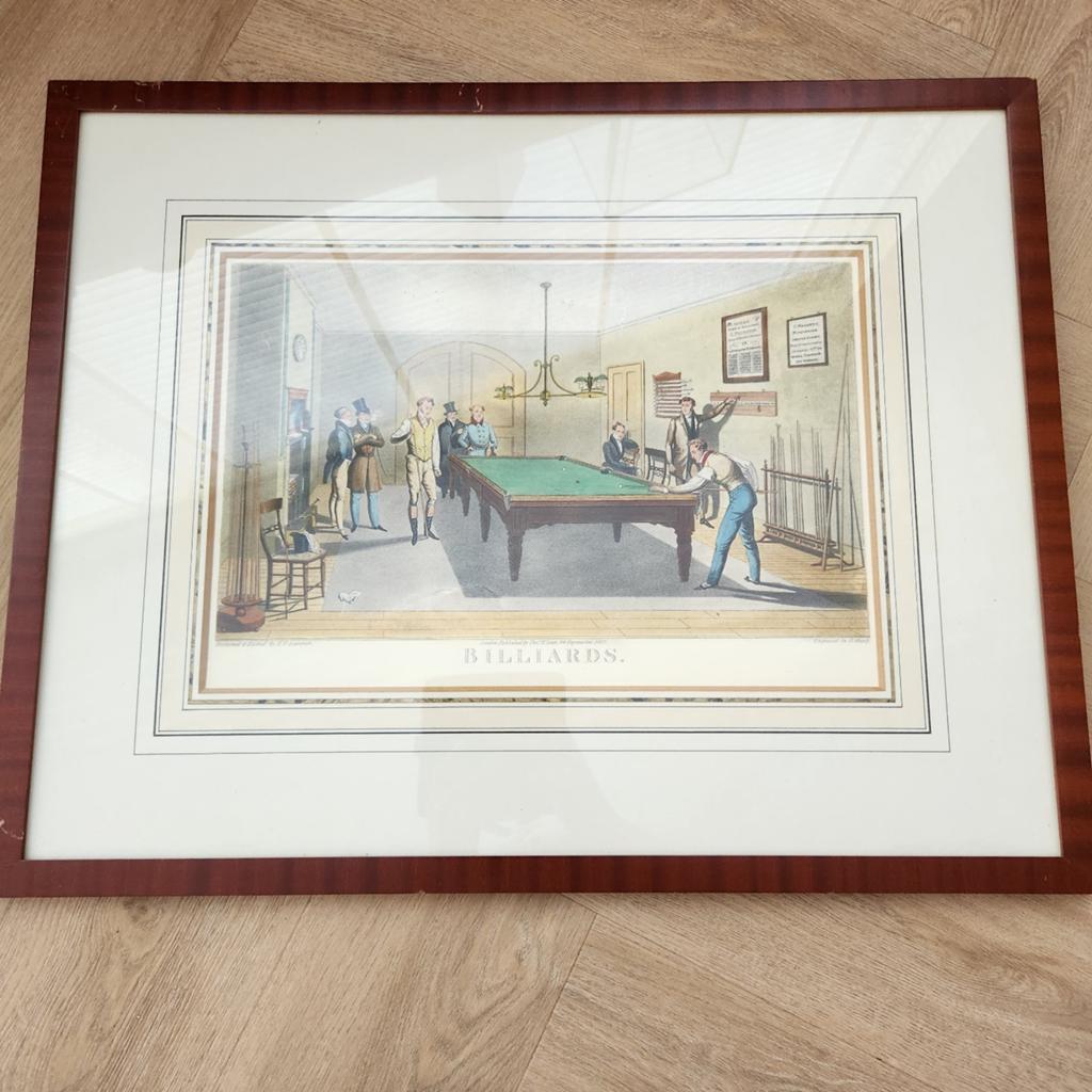 Grote ingelijste vintage biljart prent "Billiards" (1827), Ophalen
