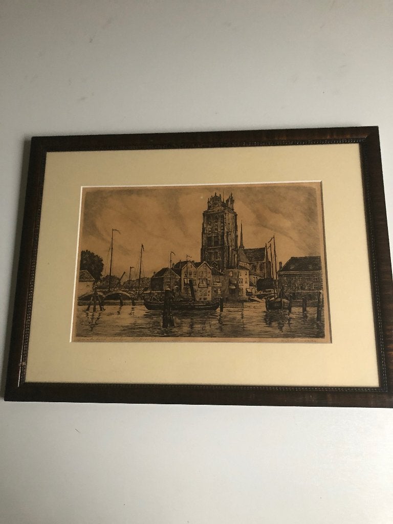 Ets Grote Kerk Dordrecht, Antiek en Kunst, Kunst | Etsen en Gravures, Ingelijst, Ets, Stadsgezicht, Ophalen of Verzenden